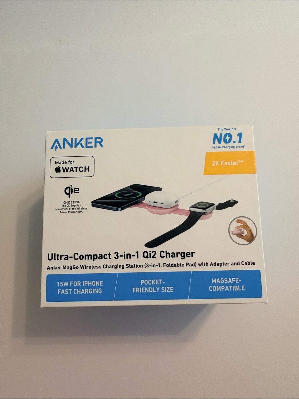 UNOPENED Anker Ultra-Compact 3-in-1 Qi2 Charger - Pink